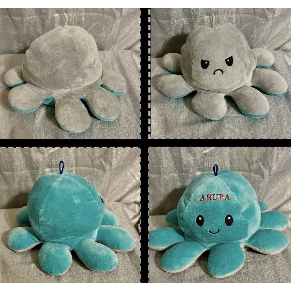 Reversible Aruba Octopus Plush Mood Flip Happy Teal/ Angry Gray - 8x6 Emotion